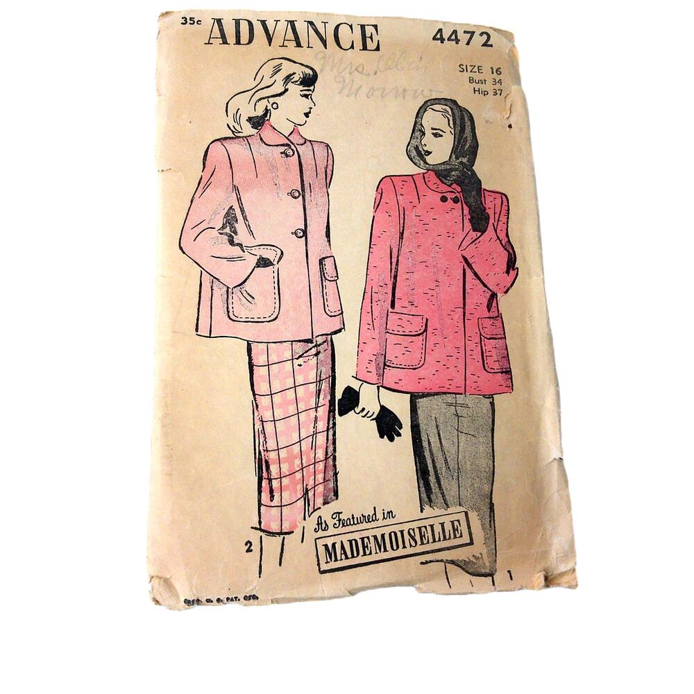 Vintage 1940s Advance 4472 Boxy Car Coat Skirt Pattern Mademoiselle Bust 34
